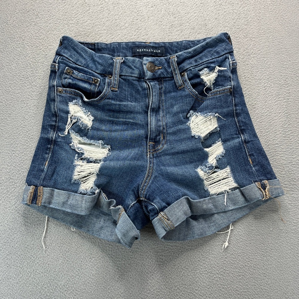 Aeropostale High Rise Curvy Midi Jean Shorts Womens 6 Blue Distressed Cuffed